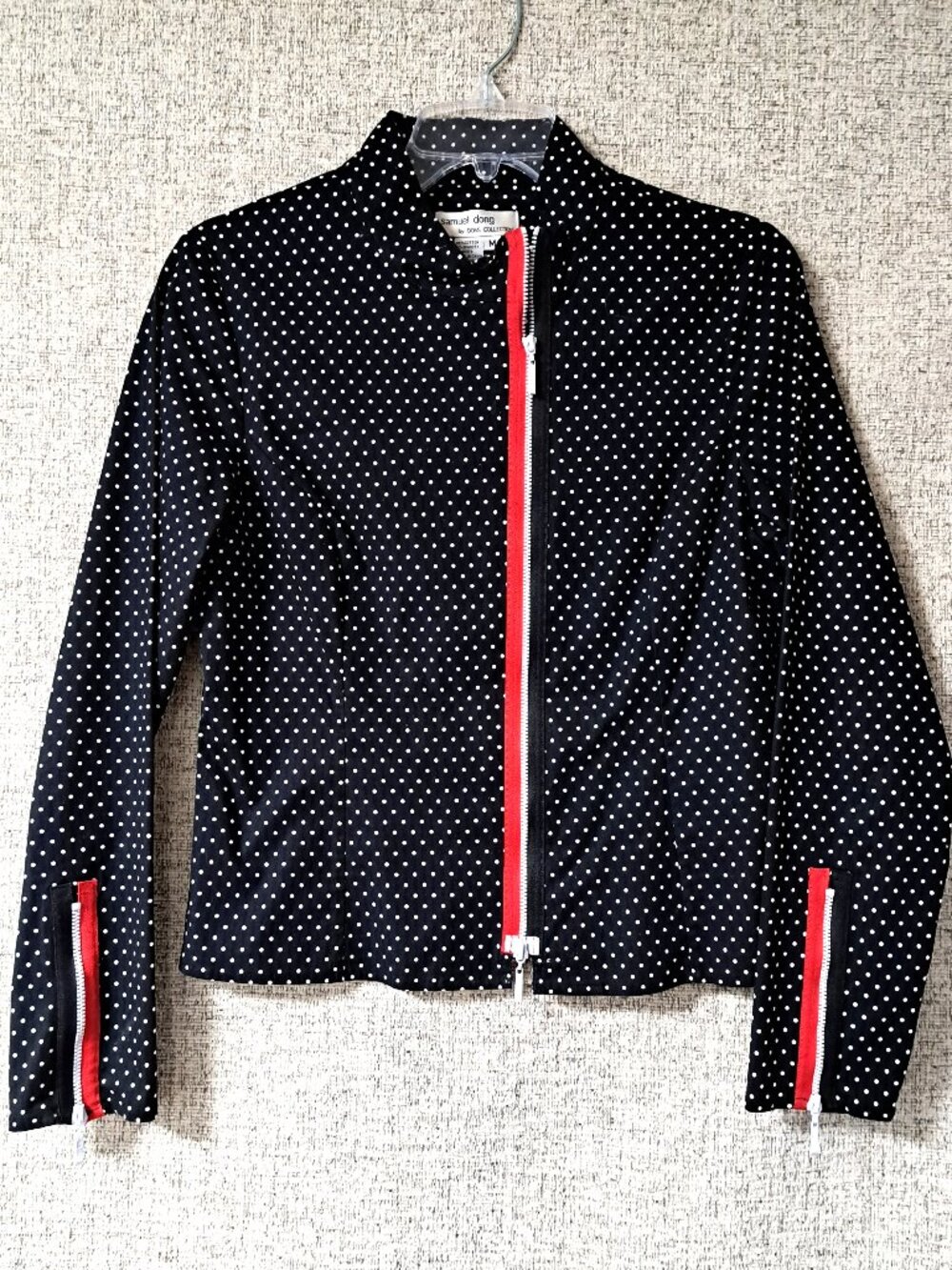 SAMUEL DONG POLKA DOT LADIES JACKET RED ZIPPERS SIZE M WITH SPANDEX STRETCH